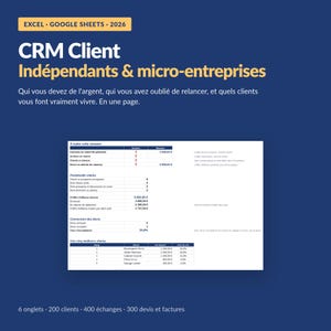 Peut inclure: Un modèle CRM numérique pour Excel et Google Sheets 2026, conçu pour les indépendants et micro-entreprises. L'interface affiche des données de gestion client, incluant le suivi des paiements, le statut des factures et les meilleurs clients sur fond bleu.