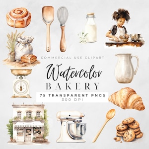 Clipart de cozimento em aquarela, logotipo de padaria doméstica, culinária, clipart culinário, utensílios de cozinha, gráficos PNG de sobremesa, álbum de recortes, diário indesejado,