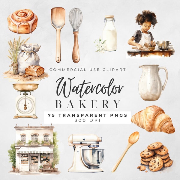 Watercolor Baking Clipart, Home Bakery Logo, Cooking, Culinary Clip Art, Kitchen Utensils, Dessert PNG Graphics, Scrapbook, Junk Journal,