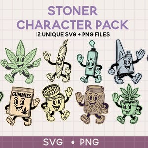 ストーナーのレトロキャラクター SVG、ウィードのクリップアート、大麻 SVG、ウィード SVG PNG バンドル、ベイプ、ジョイント、パックス、パフコ、グミ、エディブル、ライター、ブラント