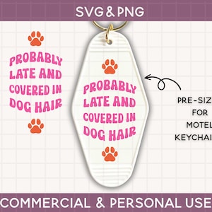 以下が含まれることがあります： 白いモテルキータグにピンクの文字で「Probably Late and Covered in Dog Hair」と書かれています。キータグには赤い肉球のプリントがあります。キータグはモテルキーチェーン用に事前にサイズ調整されています。