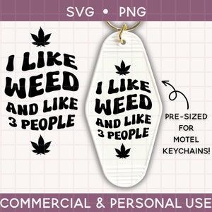 May include: Black and white digital download of a motel key chain design with the text "I like weed and like 3 people" and a marijuana leaf graphic.