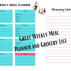 Planejador de refeições semanal e lista de compras com tema fitness, azul. Planeje refeições semanais e uma lista de compras. Acompanhe as refeições. Fitness e saúde.
