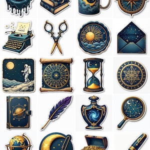 Vintage Cosmic Stationery Stickers - 20 Celestial Dark Academia PNGs - Retro Moon & Stars Planner Clipart - Junk Journal Digital Stickers