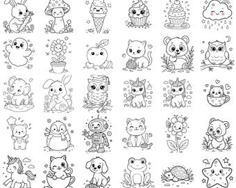 May include: A collection of black and white line art illustrations featuring various cute animals and objects. Includes a bunny, mushroom, ice cream cone, cupcake, cloud, ghost, flower, apple, cat, panda, owl, elephant, unicorn, bear, penguin, robot, frog, turtle, and star.