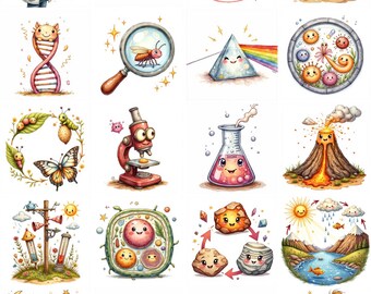 May include: A collection of colorful, cartoon-style illustrations featuring science and nature themes. Images include a globe, a microscope, a dinosaur skeleton, a prism, a volcano, and a telescope. The illustrations have a whimsical and educational feel.
