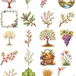May include: Watercolor illustrations of various botanical elements. The image includes trees, branches with flowers, leaves, a basket of fruit, and floral arrangements. The color palette features greens, pinks, oranges, and browns, creating a natural and artistic aesthetic.