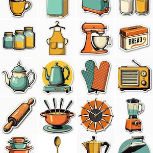 May include: A selection of retro kitchen-themed stickers. Includes a fridge, toaster, mixer, teapot, rolling pin, bowls, spoon, coffee cups, salt and pepper shakers, bread box, apron, oven gloves, radio, clock, blender, fondue pot, and a waffle iron.