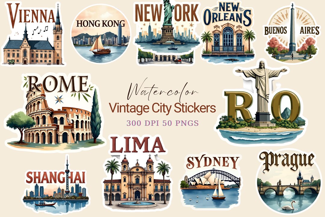 Vintage City Stickers 50 Watercolor Landmark Travel PNG World Cities ...
