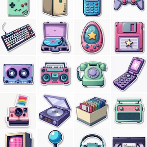 May include: A collection of colorful stickers featuring retro technology and gaming devices. Includes a handheld game console, computer, cell phone, joystick, keyboard, cassette tape, boombox, and more. Nostalgic theme.