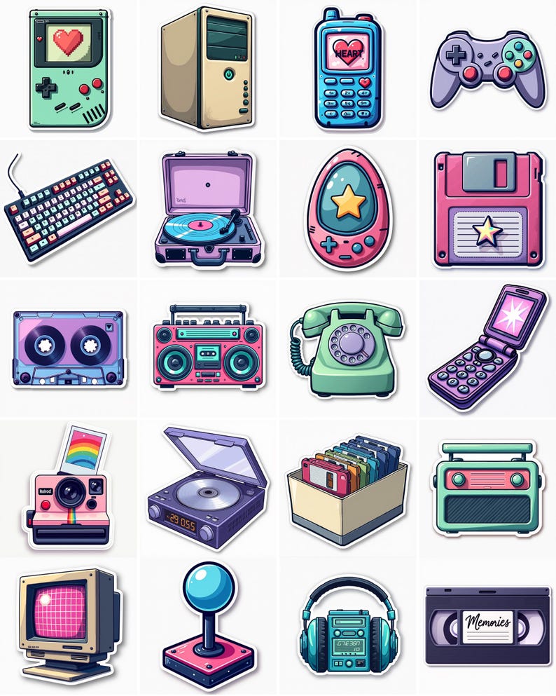 20 Retro Tech Sticker PNG Bundle, Pastel Vaporwave 80s 90s Aesthetic ...