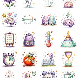 May include: A collection of whimsical watercolor illustrations featuring various objects and characters. Includes a flower, a ladder, an umbrella, a brain, a backpack, a thermometer, a tomato, an hourglass, a pill, and alarm clocks. Each image has a cute, cartoonish style.