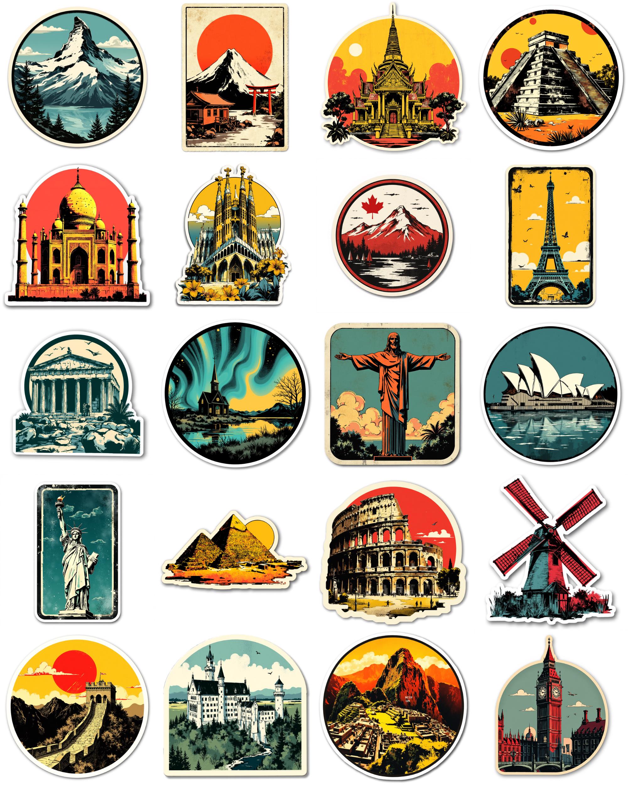 20 Vintage Travel Luggage Stickers Bundle, Retro World Landmark ...