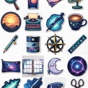 May include: A collection of stickers featuring celestial and space-themed designs. Includes a magnifying glass, a bottle with a crescent moon, an envelope, a Saturn globe, a sunset landscape, a typewriter, a pen, a coffee mug, a pencil, a roll of tape, a compass, a ruler, a pouch, a planner, a crescent moon, a galaxy, a comet, a pen, a stapler, and scissors.