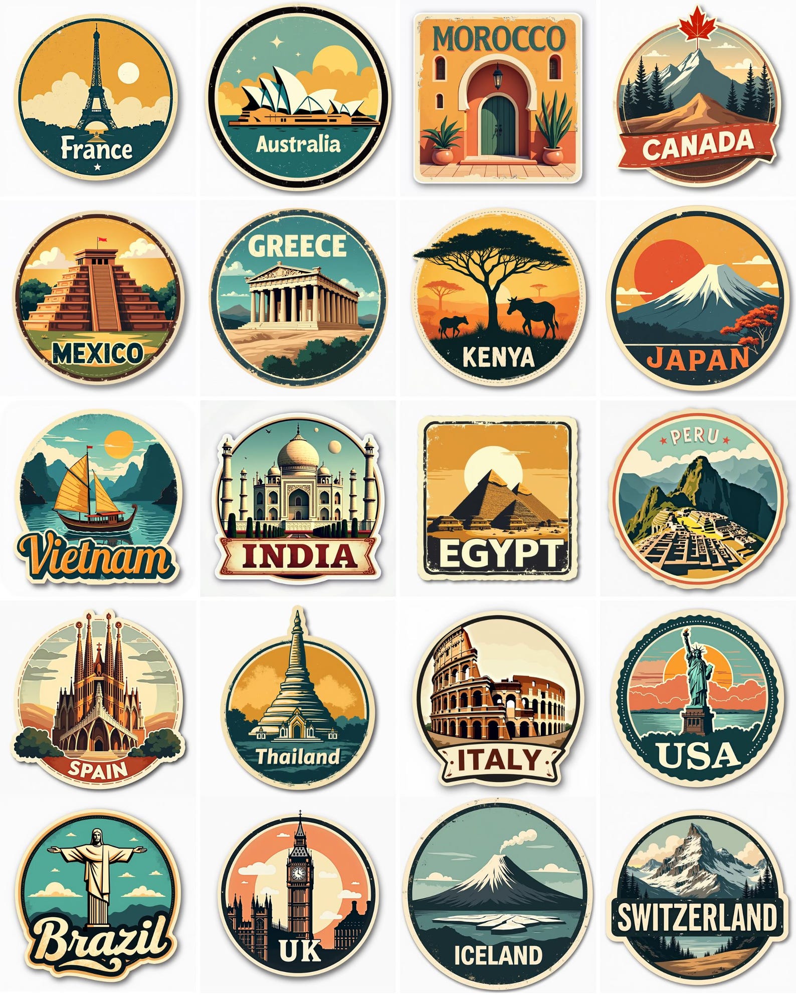 20 Vintage Travel Luggage Stickers Bundle - Retro World Countries ...