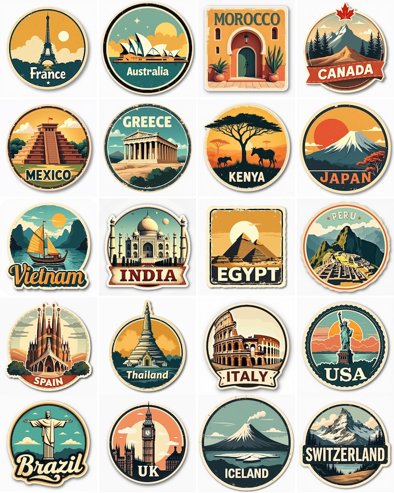 20 Vintage Travel Luggage Stickers Bundle - Retro World Countries ...