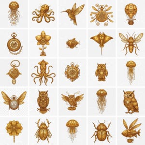 May include: A collection of steampunk-style illustrations featuring various creatures and objects. The images include a jellyfish, octopus, hummingbird, beetle, owl, pocket watch, and hot air balloon, all rendered in shades of gold and bronze.