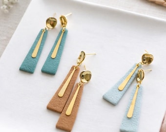 Pendientes colgantes geométricos de arcilla polimérica dorada, joyería moderna y ligera.