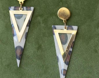 Pendientes de arcilla polimérica hechos a mano con estampado de leopardo y triángulos geométricos, joyería Art Déco moderna