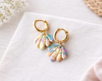 Pendientes de arcilla polimérica con efecto mármol pastel, joyería colgante tipo huggie dorada