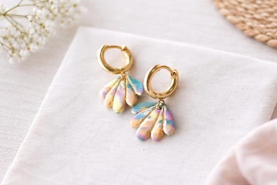 Pastel Marble Polymer Clay Earrings, Gold Huggie Dangle Jewelry
