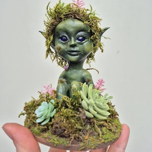 OOAK Handmade Mossling Fae Figurine: Polymer Clay Forest Elf Home Decor