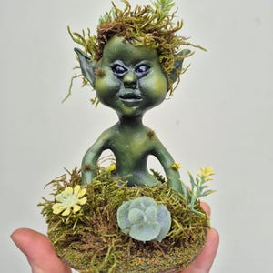 OOAK Mossling Fae Figurine: Handmade Polymer Clay Forest Creature