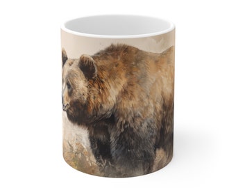 11oz Grizzly Bear Coffee Mug: Grizzly Bear Japanese Mug, Asian Traditional Grizzly Bear Mug, Grizzly Bear Mug, Grizzly Bear Painting Mug