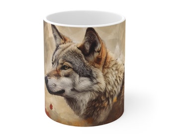 11oz Gray Wolf Coffee Mug: Gray Wolf Japanese Mug, Asian Traditional Gray Wolf Mug, Wolf Mug, Gray Wolf Painting Mug, Asian Traditional Mug