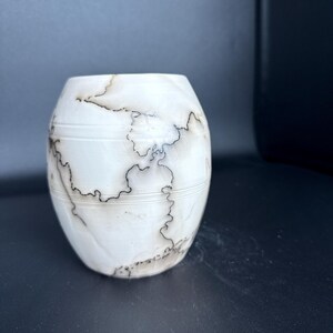 Könnte beinhalten: Eine weiße, oval geformte Vase mit einem einzigartigen Muster aus schwarzen, adernartigen Markierungen. Die Vase hat eine glatte Oberfläche und eine leicht ausgestellte Öffnung. Zwei horizontale Linien umrunden die Vase.