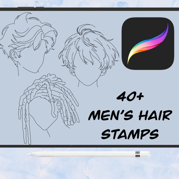 44 manga procreate male hairstyle stamps, Procreate Hair, procreate manga hair, anime male hair, anime hair brushes, manga hair, hair stamps