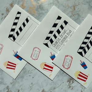 Movie party invitation, 5x7 decorated envelopes, movie birthday party