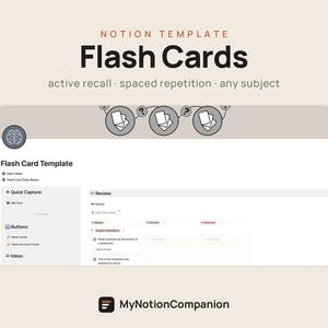 May include: A digital Notion template for flash cards featuring the text Notion Template Flash Cards active recall spaced repetition any subject. The interface includes sections for Quick Capture, Review, English Definitions, and MyNotionCompanion.