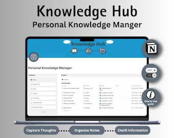 May include: A laptop computer screen displaying a knowledge management software interface called "Knowledge Hub". The interface has a blue header with the text "Knowledge Hub" and a white background with the text "Personal Knowledge Manager". The interface has two columns, one labeled "Folders" and the other labeled "Notes". The "Folders" column lists folders such as "Research 2021", "Greek", "Business", "Productivity", "Household Notes", and "Personal Finances". The "Notes" column lists notebooks such as "Notebooks", "How to write a research paper", "Introduction to Greek", "Troubleshooting Research Studies", "Introduction to Greek", "100 Million Dollar Offer", "Amplify Your Thinking", "Business Note", and "How to Read Great", with dates and times. The laptop is on a gray surface with the text "Capture Thoughts", "Organize Notes", and "Distill Information" below the laptop.