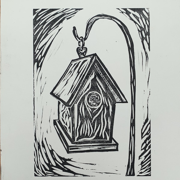 Bird House Lino Cut Print, Linoleum Block Carving Print 8 x10in