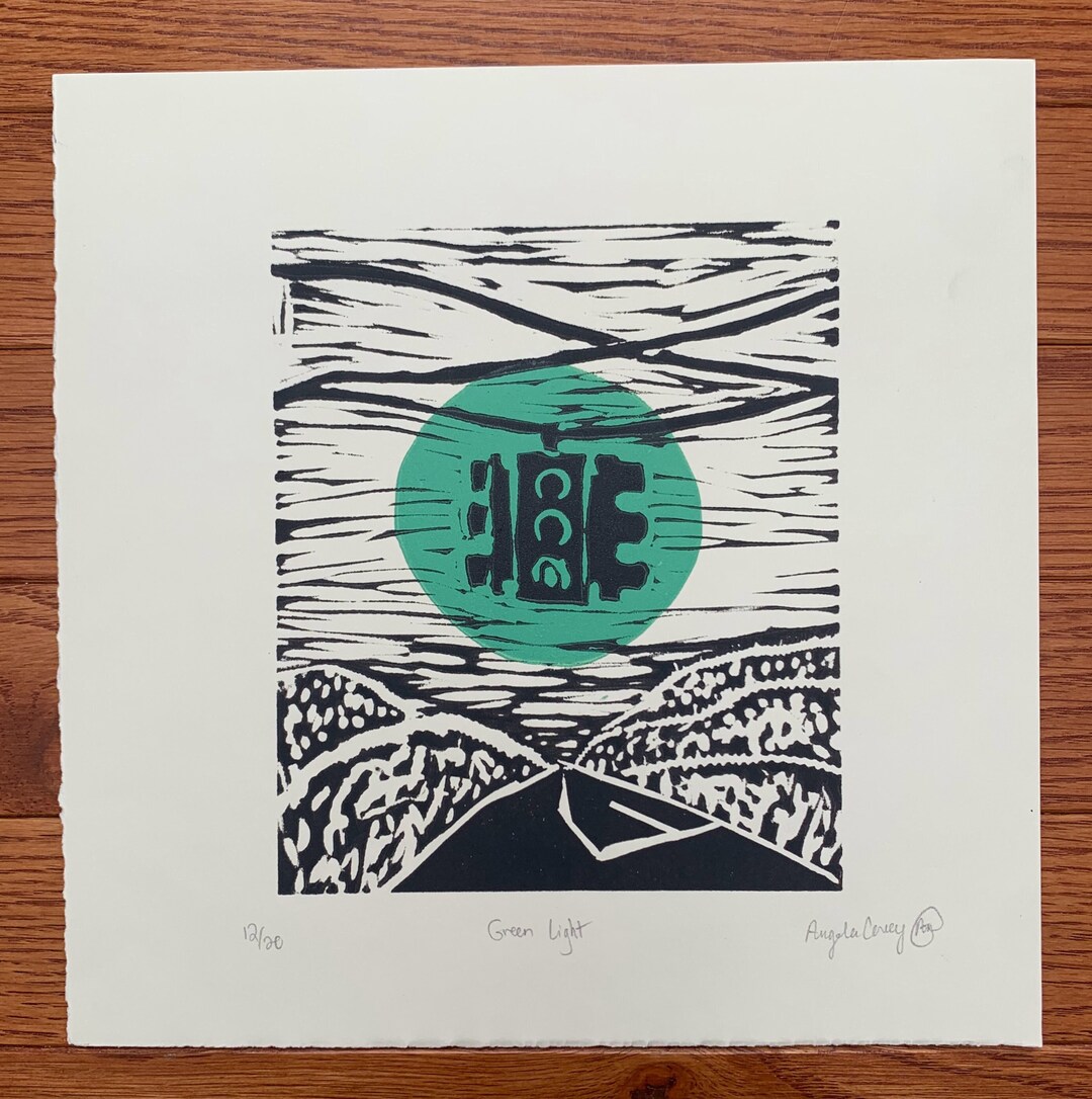 Green Light Lino Cut Print Linoleum Block Carving Print Etsy