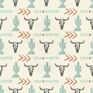 May include: A seamless pattern featuring a repeating design of a bull skull, a cactus, and the text "WILD & WANTED". The background is a light beige color, and the design elements are in shades of brown, green, and black.