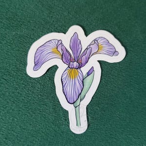 May include: A purple and yellow iris flower sticker with a white background.