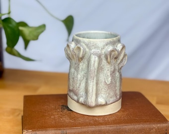 Whimsical Floral Face Mug | Handmade Ceramic Cup with Sculpted Face
