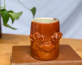 Whimsical Floral Lips Mug | Handmade Ceramic Cup with Sculpted Face