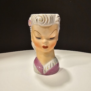 Lady Head Vase, Pink Enesco Glamour Girl Brush Holder, Vanity Display Ceramic Figurine - Vintage