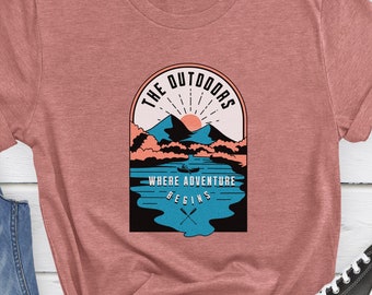 Outdoor adventure t-shirt Adventure begins tee for Nature lover's t-shirt Explore the outdoors with this shirt Hiking and camping tee