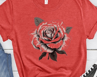 Schwarz-Weiß-Rose T-Shirt Minimalist Rose Shirt Rose Umriss Tee Garten Blume T-Shirt Frauen Herbst Shirt