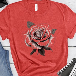 Black and white rose t-shirt minimalist rose shirt rose outline tee garden flower t-shirt women&#39;s fall shirt