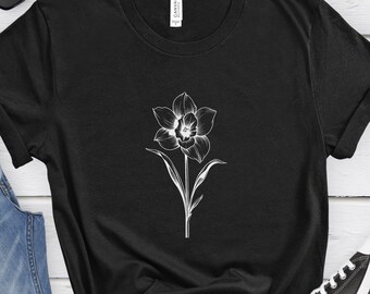 Daffodil t-shirt minimalist daffodil shirt daffodil white outline tee garden flower t-shirt women's fall shirt