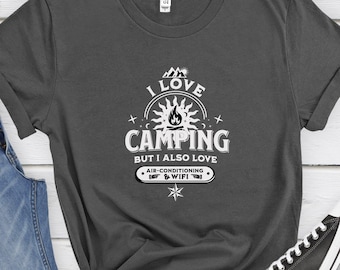 Rolig t-shirt för campingälskare som gillar luftkonditionering och wifi Rolig camping-t-shirt present till friluftsentusiaster