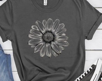 Camiseta con margaritas en blanco y negro, camiseta minimalista con margaritas, camiseta con contorno de margaritas, camiseta con flores de jardín, camiseta de otoño para mujer