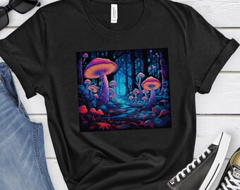 Blacklight Mushroom Forest T-Shirt Psychedelic Magical Mushroom T-Shirt Trippy Neon Mushroom Forest T-Shirt Fantasy Mushroom Forest T-Shirt