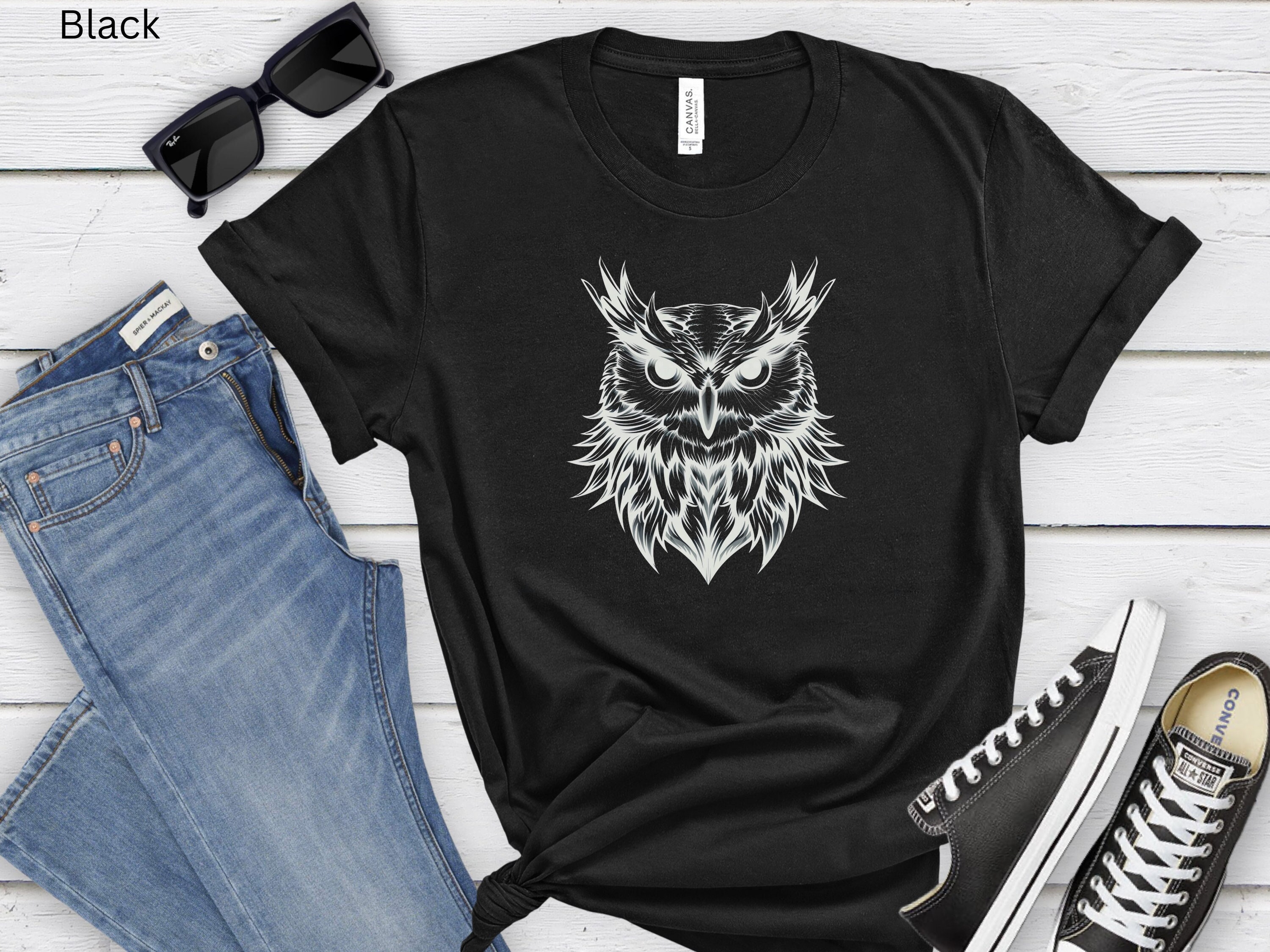 White owl sketch t-shirt Owl line art graphic tee Minimalist owl design tee Owl outline print t-shir