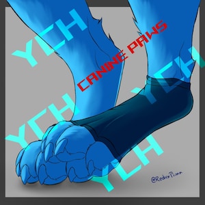 May include: Illustration of blue canine paws with a dark blue sock-like covering. The text "CANINE PAWS" is in red, and "YCH" is in light blue. The artist's name, "@ReduxPionn", is in the bottom right corner.